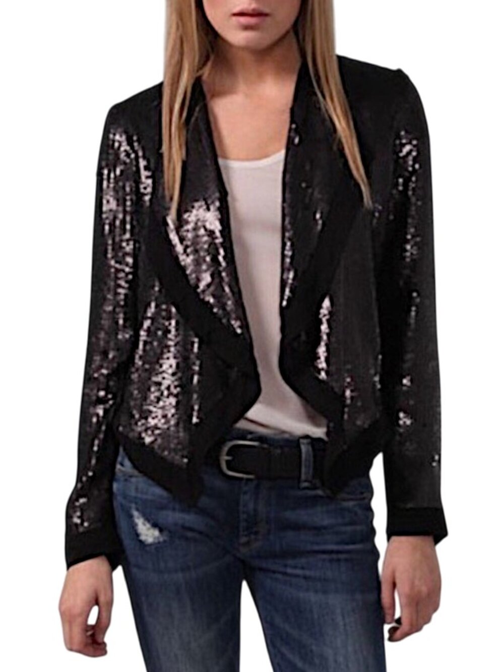 Club Monaco Cora Sequined Silk Open Crop Jacket L Black